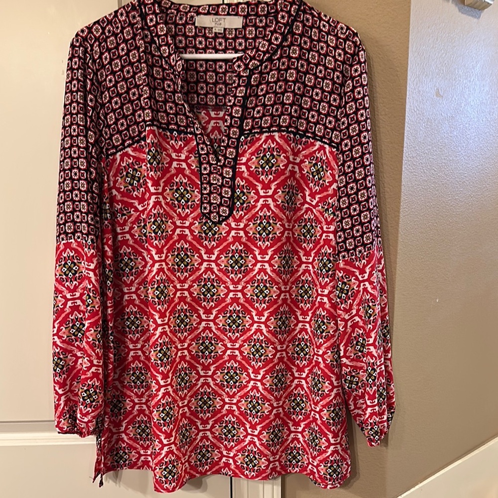 LOFT Red Graphic Tunic with Mandarin Collar